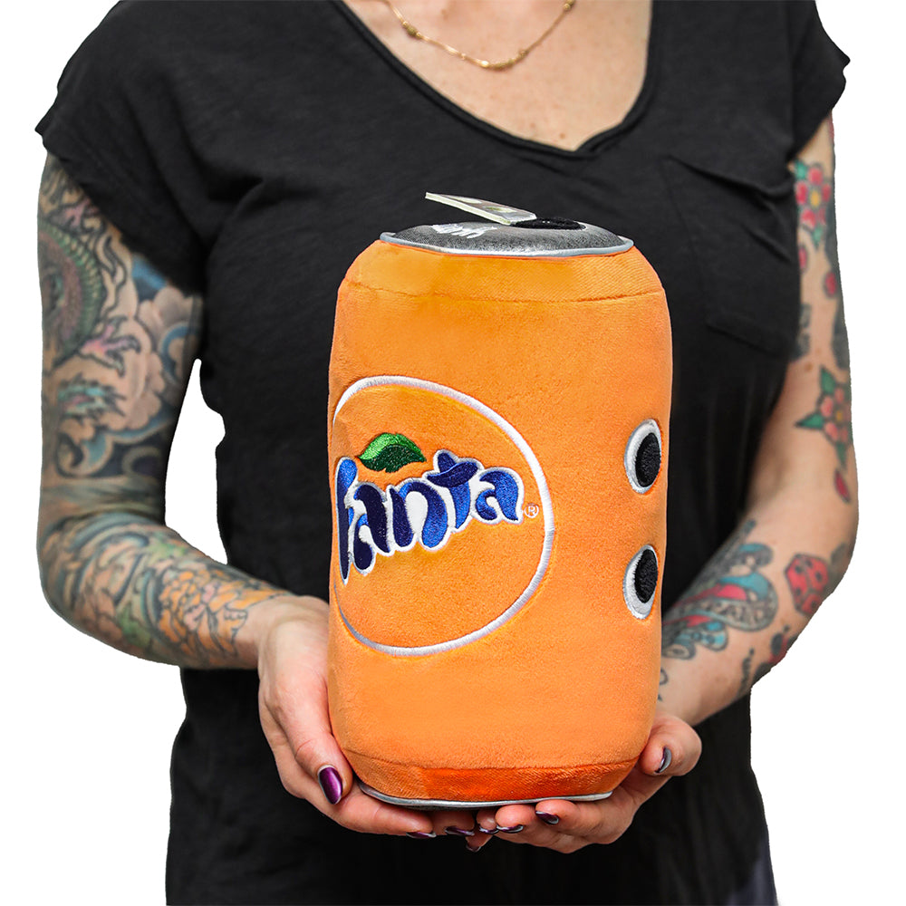 Coca-Cola Yummy World 10-inch Fanta Orange Soda Can plush with sound, soft fabric and detailed Fanta can design.